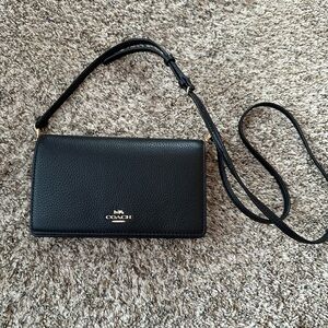 Coach Black Pebbled Leather Anna Foldover Crossbody Clutch